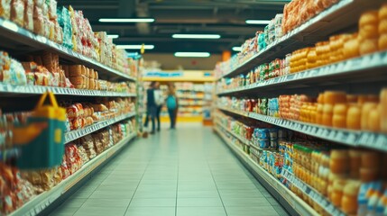 Supermarket aisle with shoppers.