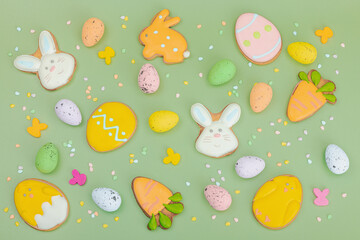Traditional Happy Easter cookies, festive edible decor. Homemade baking concept, cute sweets