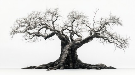 A large, gnarled, leafless tree isolated on a white background.