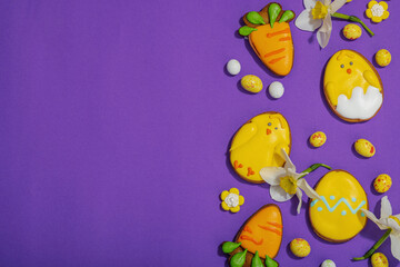 Traditional Happy Easter cookies, festive edible decor. Homemade baking concept, cute sweets