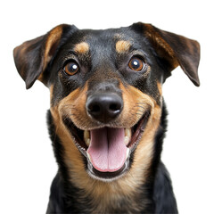 Obraz premium Happy dog with a big smile featuring soft fur and bright eyes on a clean transparent background in a joyful pose, Happy dog PNG transparent