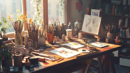 Artist's workspace with paints, brushes, and canvases.