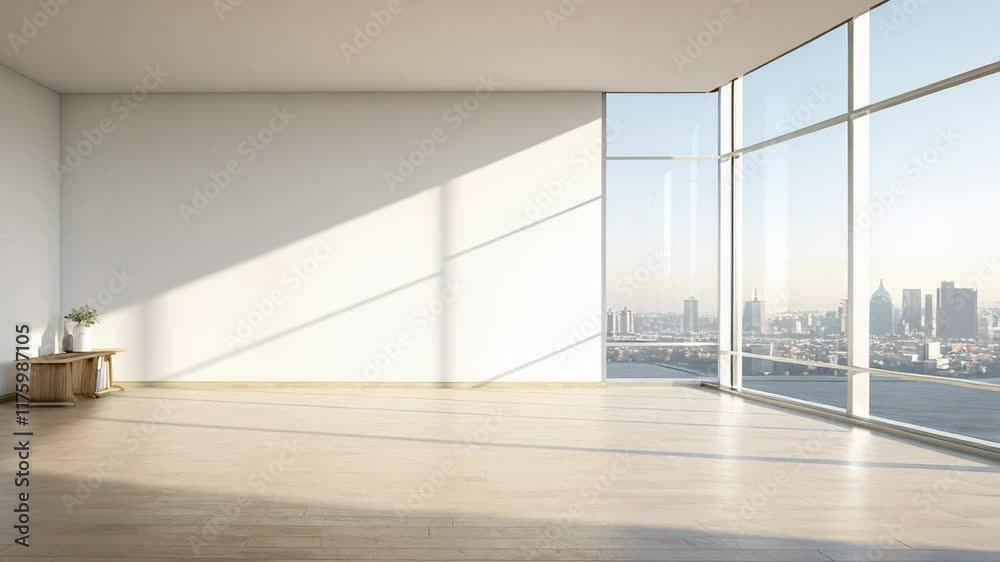Poster sunlight illuminates empty room with large windows showcasing a stunning cityscape, creating a brigh