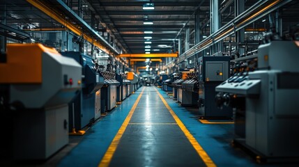 Fototapeta premium Modern Manufacturing Facility Interior Featuring Long Aisle of Industrial Machines and Equipment in Well-Lit High-Tech Environment
