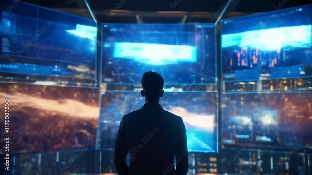 Poster Businessman standing in a dark room, observing large screens displaying futuristic data analysis and city skylines in a high tech command center