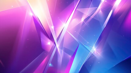 Abstract geometric background with vibrant pink, purple, and blue crystal shapes and glowing lights.