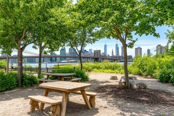 Obraz premium Picnic table park NYC skyline view.