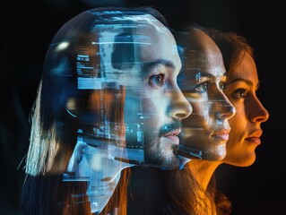 Three profiles, man with digital overlay, futuristic concept.
