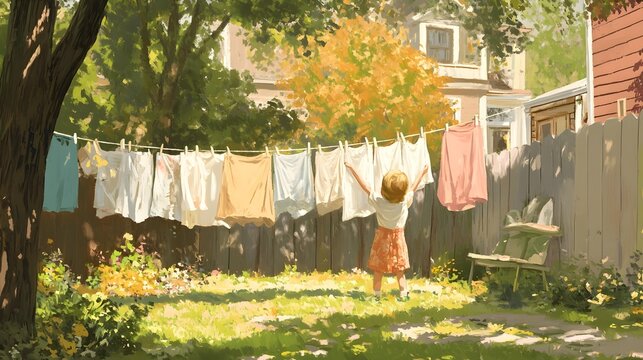 Child Joyfully Assisting with Hanging Laundry on Clothesline in Backyard