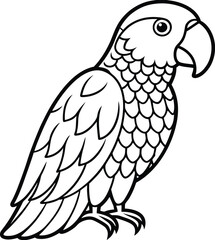 African grey parrot line arts with white background . Vector black gray African parrot silhouette isolated on white background