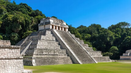 A grand Mayan pyramid majestically rises above the jungle, its stone stairs blending with the rich history and vibrant colors of the landscape.