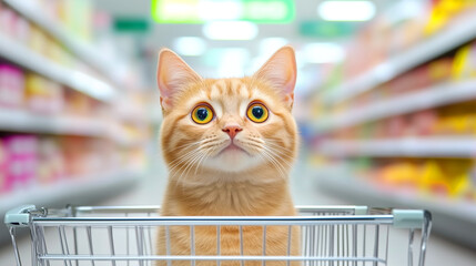 Cat in shopping cart at supermarket looking curious