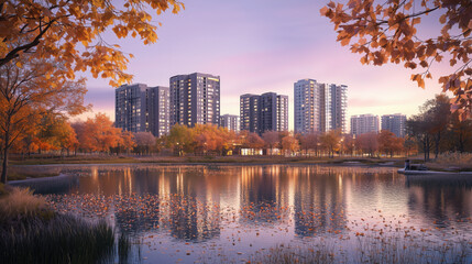 Obraz premium A peaceful autumn evening by the pond in a city park, with trees shedding colorful leaves into the water, the sky turning soft shades of pink and purple, and modern apartment buildings towering in the
