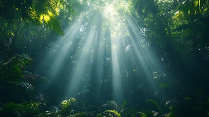 Sunbeams Illuminate Lush Tropical Rainforest Canopy