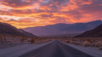 Fototapeta premium Dramatic sunset over a desert road with mountains.