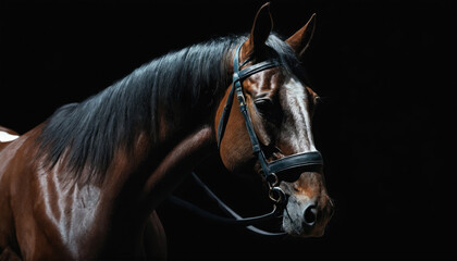 Fototapeta premium Majestic horse in profile with shining coat under soft lighting in a dark background