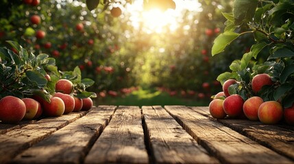 A serene apple orchard scene at sunset with fresh apples on a wooden table.