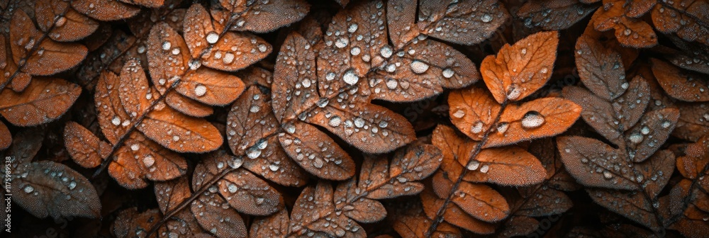 Poster sparkling dew drops clinging to a bed of brown autumn leaves, creating a captivating scene of natura