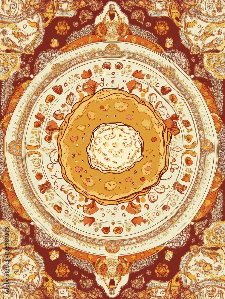 Poster detailed hand drawn doodle featuring a stylized pancake and various toppings surrounded by intricate
