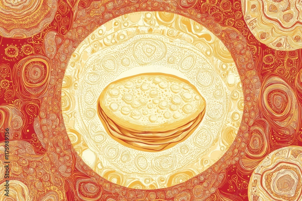 Poster Delicate hand drawn doodle of pancakes on a vibrant background featuring swirls and patterns in warm colors. Generative AI