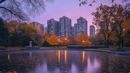 Obraz premium A peaceful autumn evening by the pond in a city park, with trees shedding colorful leaves into the water, the sky turning soft shades of pink and purple, and modern apartment buildings towering in the