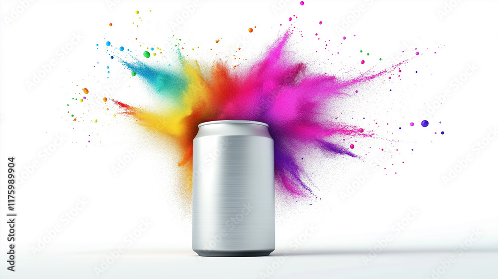Aufkleber Silver soda can exploding with colorful powder on white background