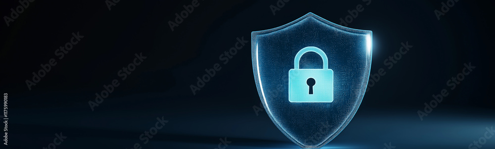 Poster glowing security shield protecting digital information with padlock