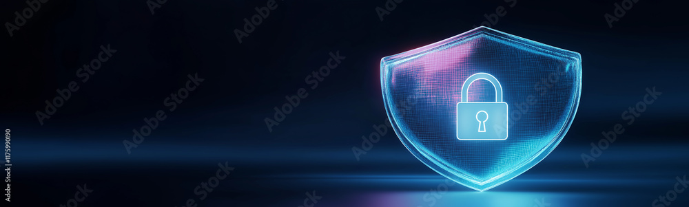 Poster glowing shield protecting data with padlock, providing security in digital world