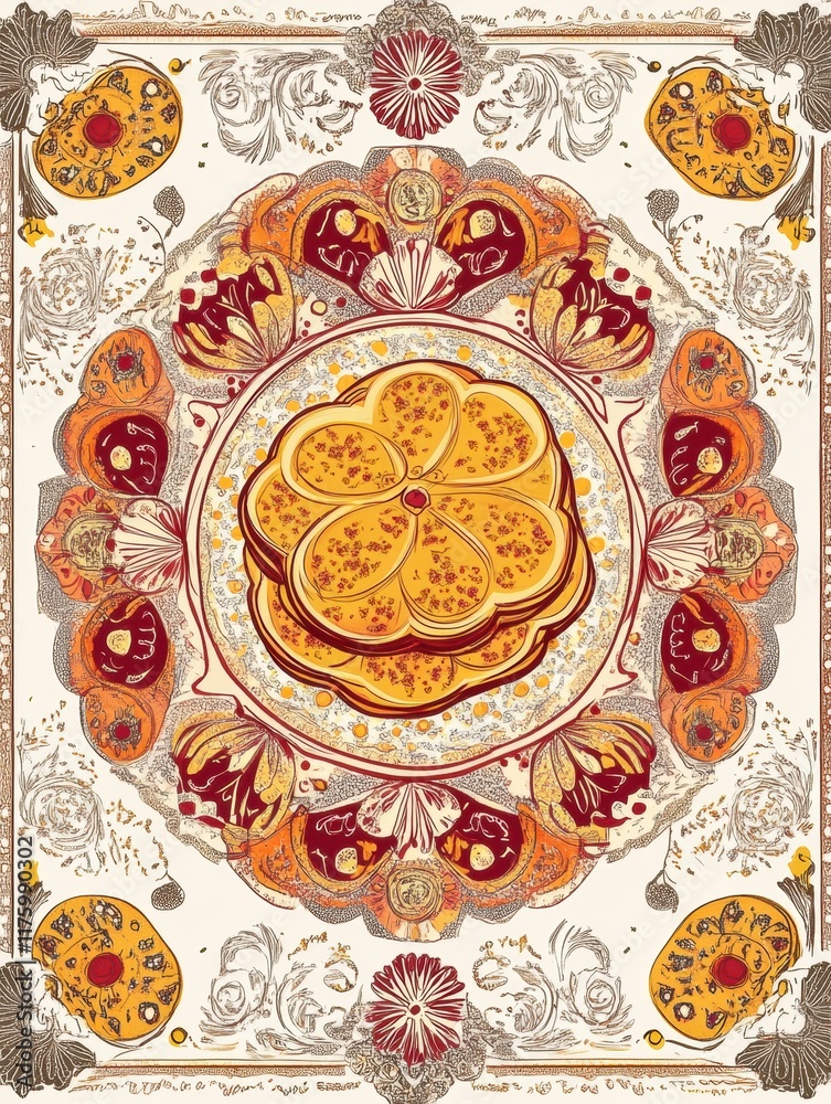 Aufkleber hand drawn colorful doodle featuring an intricate floral design with a prominent circular pastry at 