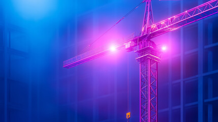 Construction crane illuminated by neon lights at night