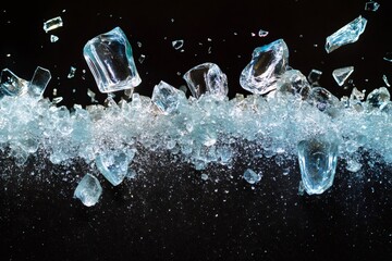 Ice cubes exploding and splashing on black background