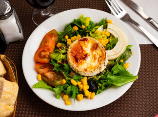 Goat cheese salad with vegetables, corn, olives, onion, balsamic sauce close up on plate. Balanced meal.