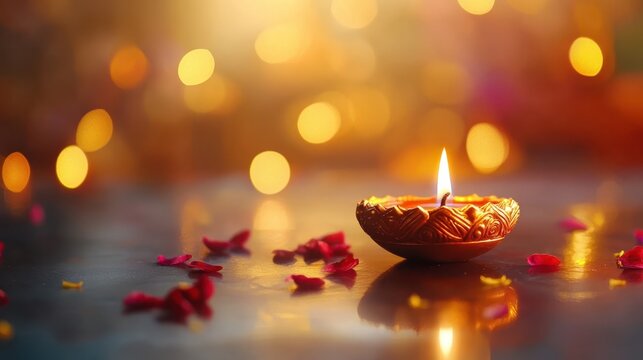 Festive banner design showcasing a glowing Diya lamp, and bokeh for Deepavali greeting cards or holiday invitations.