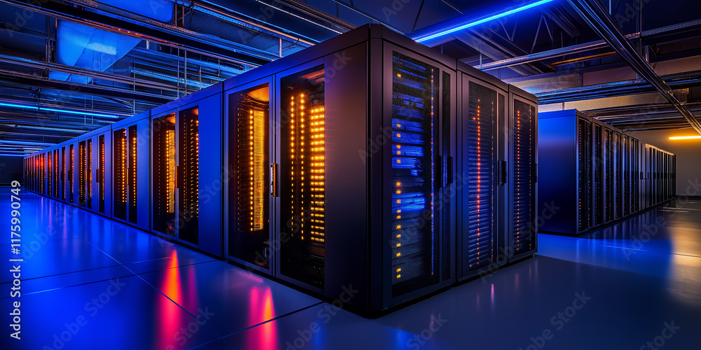 Poster server room hosting big data with bright lights illuminating cabinets