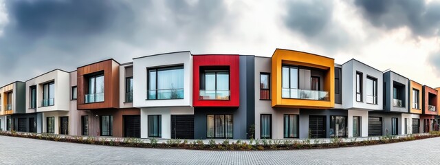 Obraz premium Modern townhouses, colorful facades, red yellow gray, geometric architecture, urban residential development, contemporary design, multi-unit housing, glass windows, cloudy sky, landscaped grounds, min