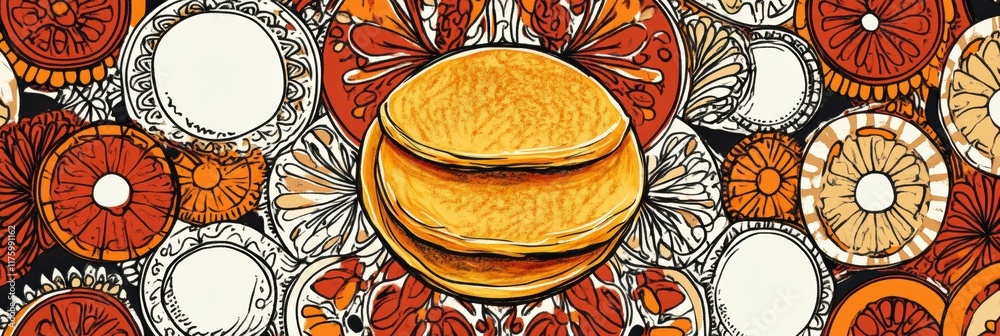 Poster colorful hand drawn doodle featuring a stack of pancakes surrounded by vibrant floral patterns and d