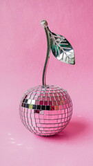Shiny disco ball cherry decoration on a pink background