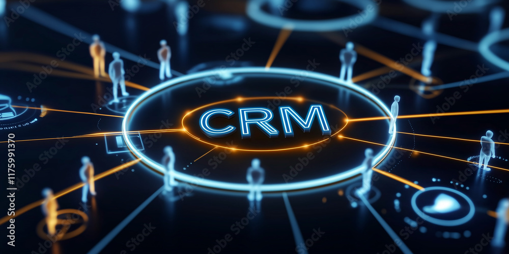 Poster Businessmen communicating around crm system integrating customer data management