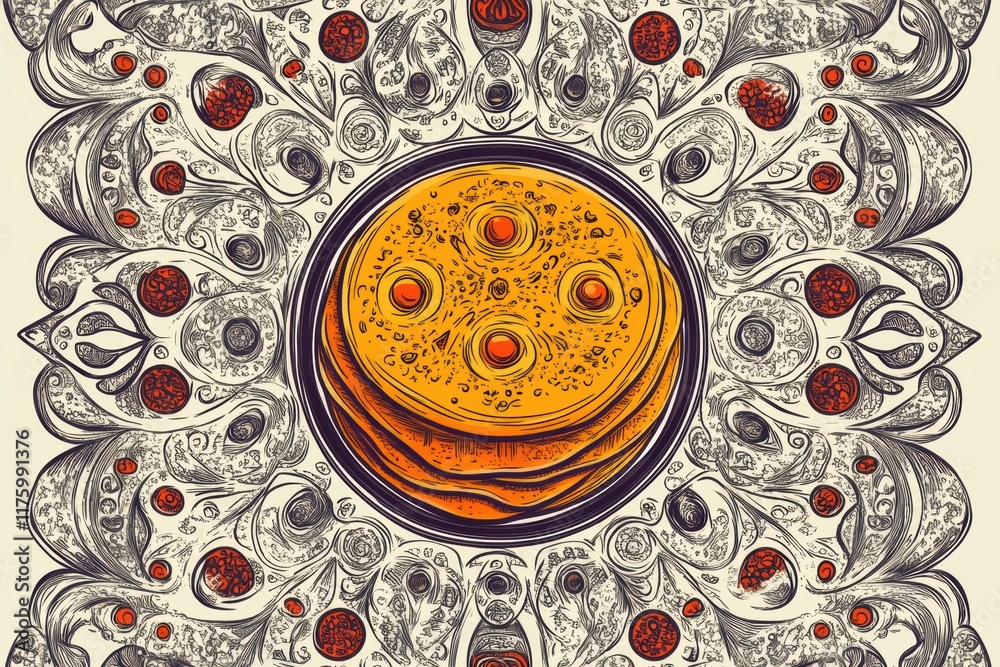 Aufkleber doodle of a circular arrangement featuring colorful stacks of pancakes with intricate designs around