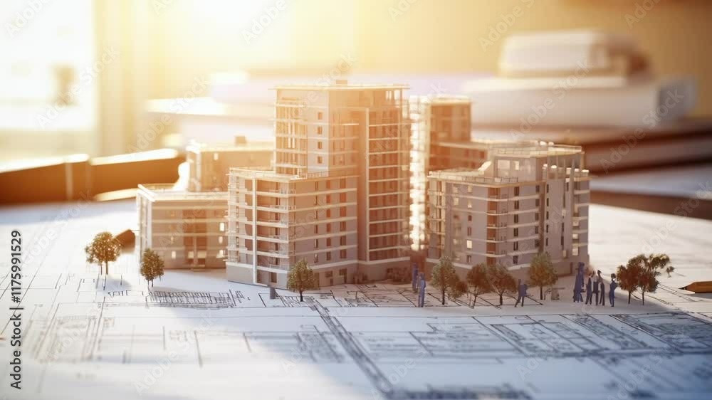Poster Miniature trees and architects surrounding an architectural model of a residential building complex standing on blueprints on a table in an office during a meeting at sunset