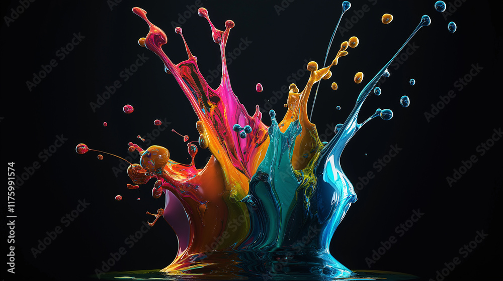 Poster colorful paint splashing and making a crown shape on black background