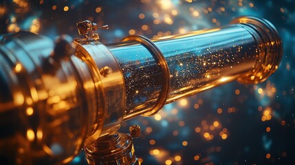  Vintage telescope with golden metallic body aimed at stars. Surrounded by glowing particles, the scene evokes a sense of exploration, curiosity, and astronomical discovery.
