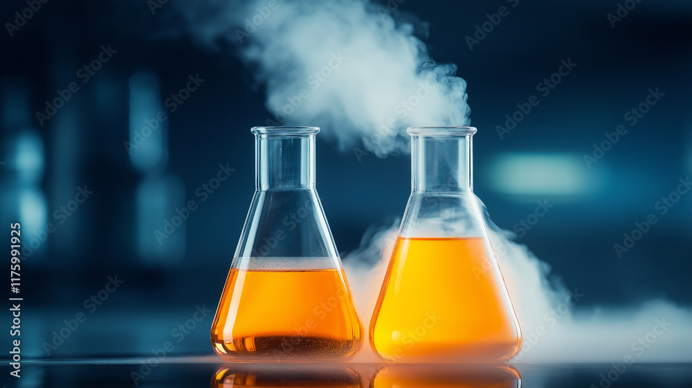 Poster chemical reaction creating smoke in erlenmeyer flasks in laboratory