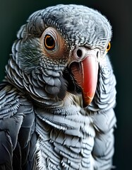 Fototapeta premium A close-up portrait of an african grey parrot with striking orange eyes and a vivid red beak