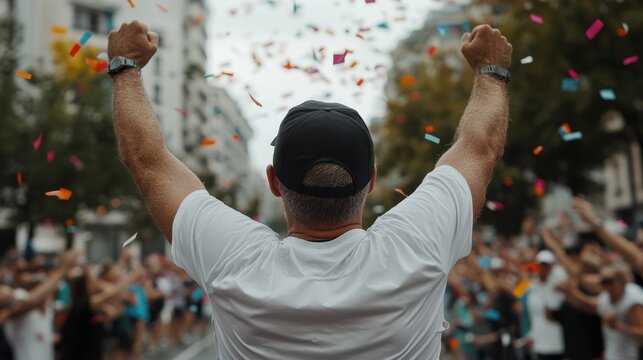 A triumphant marathon runner raises arms in celebration, colorful confetti showering as the crowd jubilantly cheers at the finish line.