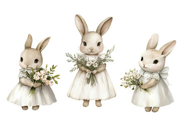Obraz premium Cute three easter rabbits with spring flowers on hands, watercolor style, white background