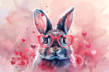 Adorable rabbit wearing heart-shaped glasses celebrates valentine's day