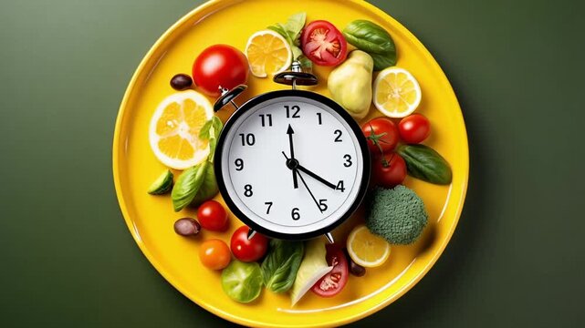 Alarm clock is surrounded by fresh vegetables on a yellow plate, suggesting the concept of intermittent fasting and healthy eating habits