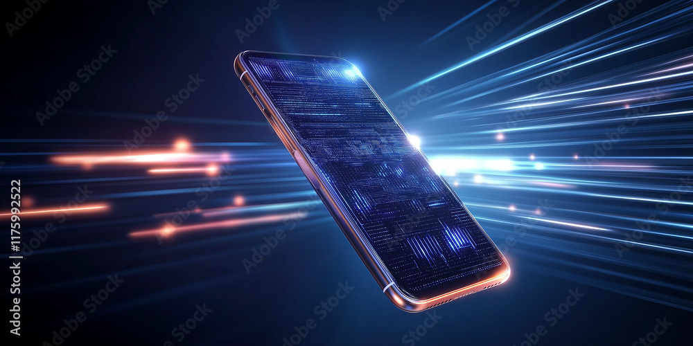 Poster Smartphone sending data through futuristic light trails: transferring information at high speed