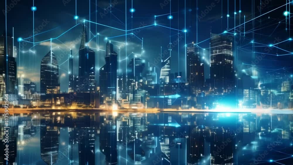 Aufkleber illuminated skyscrapers reflecting in water at night, connected by a network of digital lines and no